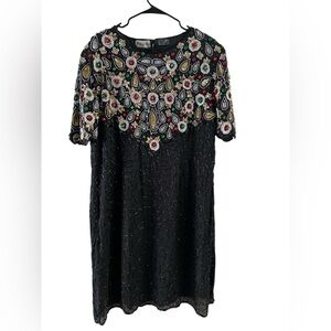 Vintage silk midnight run beaded mini short sleeve cocktail dress